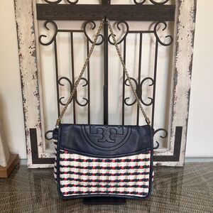 Tory Burch Multi East West Shoulder Bag Black Cream Red Gold Chain Strap